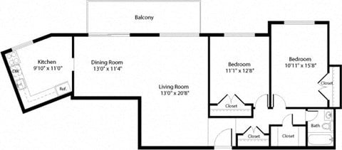 Floor plan for 2 beds, 1 bath, 1051 sqft